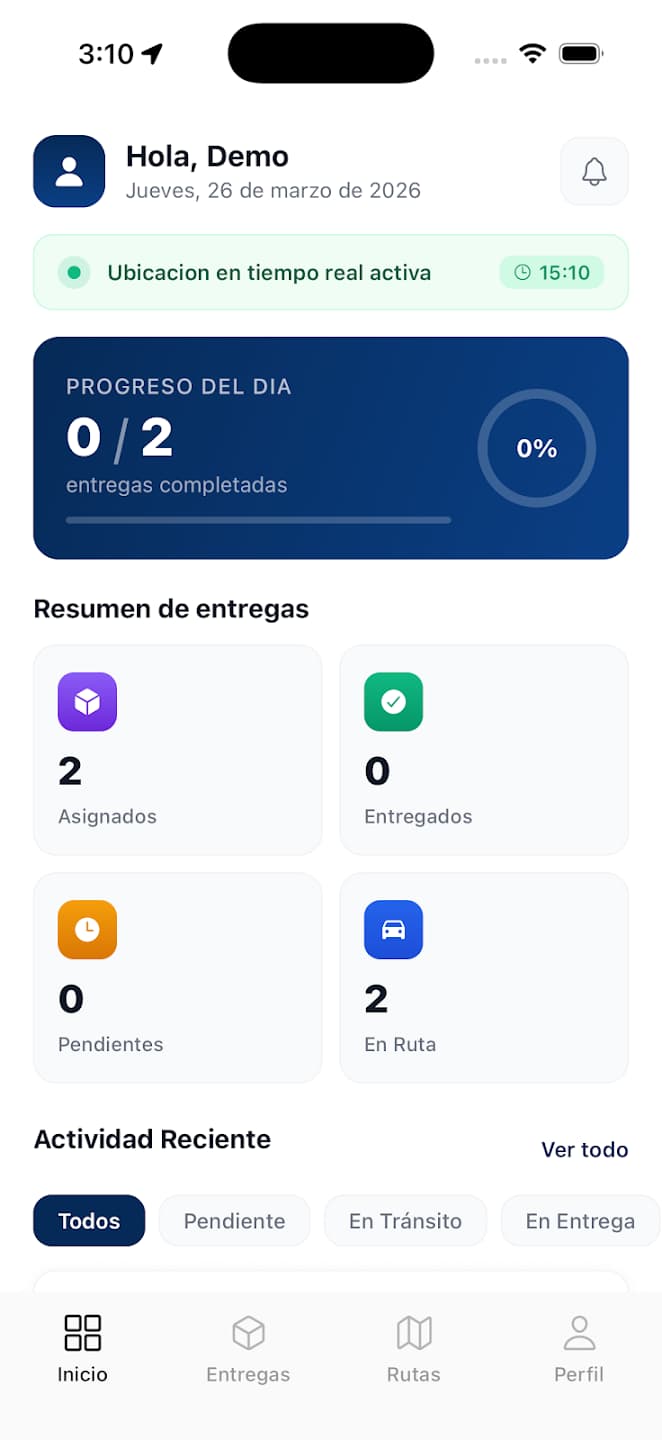 Pantalla de inicio de la app RouteX para choferes con el progreso del día y el resumen de entregas