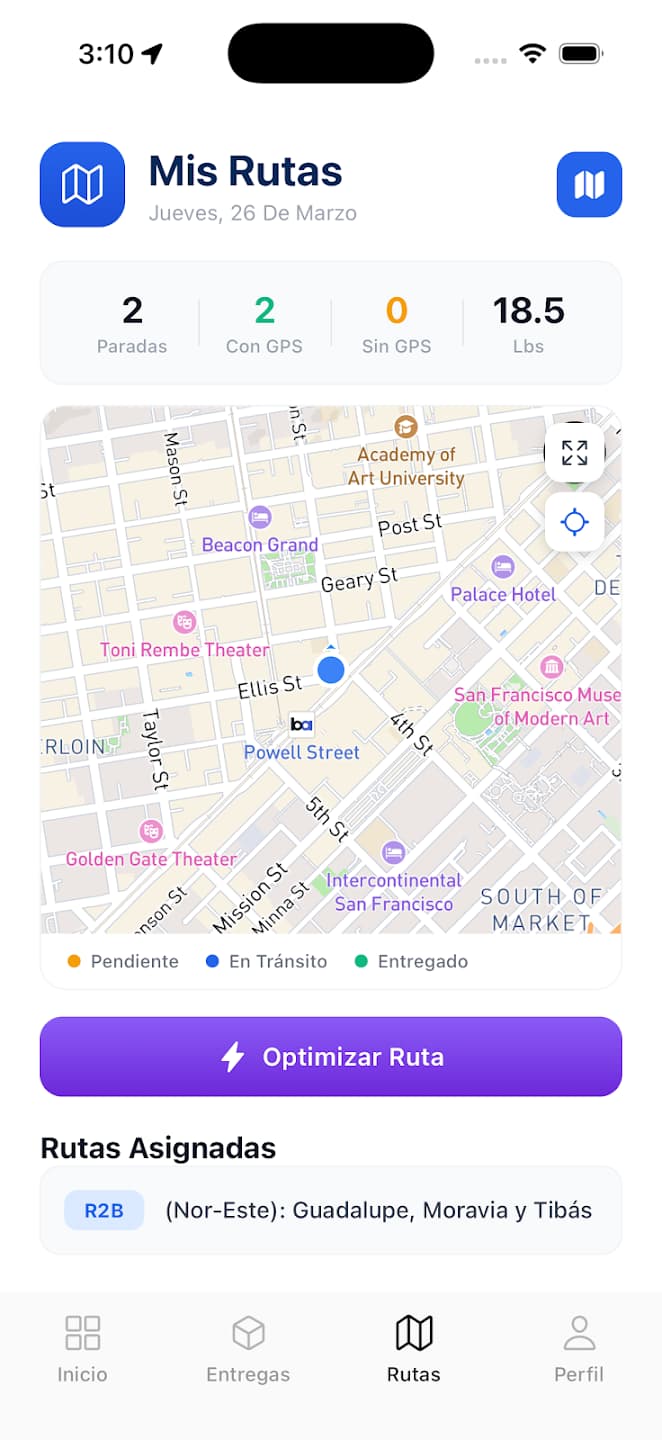 Pantalla de rutas de la app RouteX con el mapa de paradas y el botón de optimizar ruta